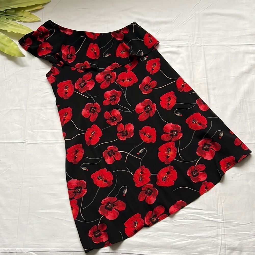 𝅺🌺COMO Black One Shoulder Ruffle Floral Print Dress🌺